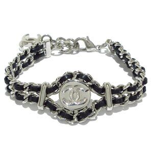 CHANEL - Silver Black Hardware Leather Bracelet 791-071825